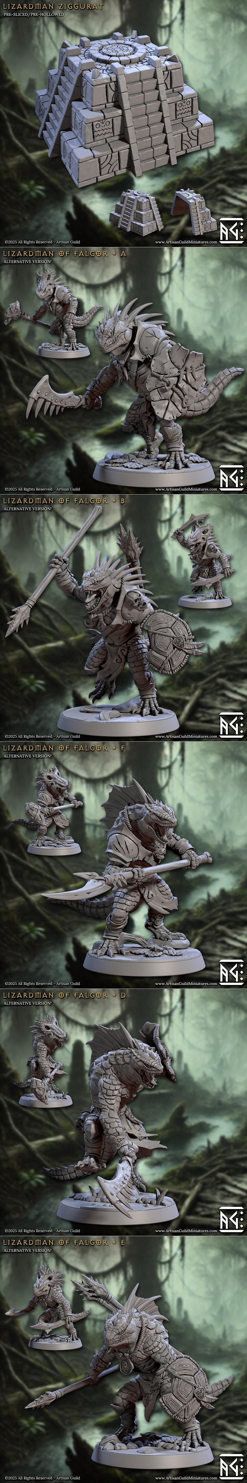 Collection of 3D printable lizardmen miniatures from Artisan Guild, including a large dragon-like creature, warriors...