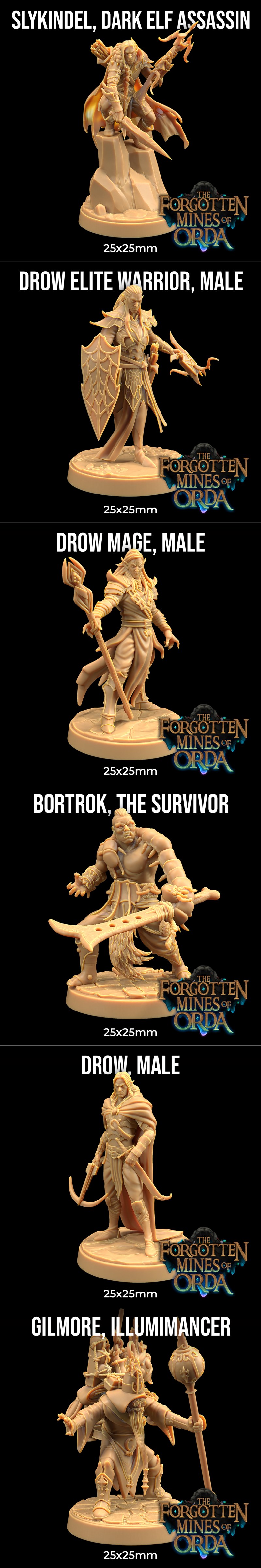 Collection of fantasy 3D printable figures: Drow Elite Warrior, Drow Priestess, Drow Mage, and Drow Female, all from...