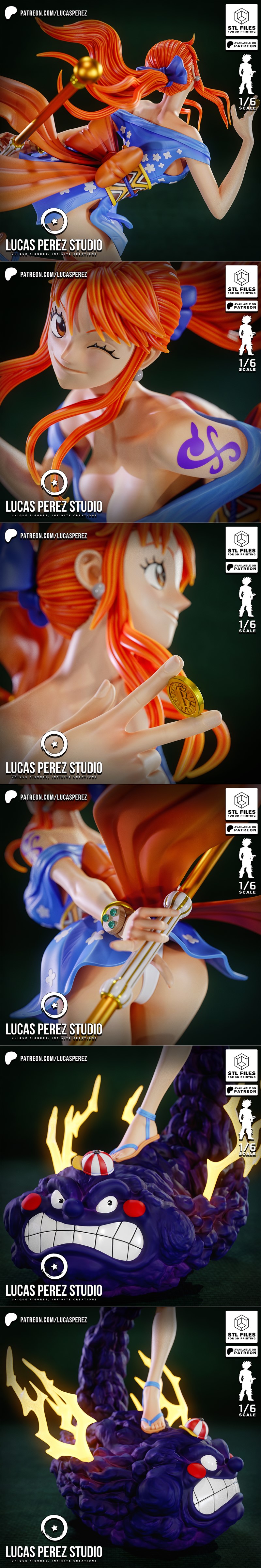 1/6 scale 3D model of Nami from One Piece, winking and holding her staff, standing on a dark, lightning-infused cloud...