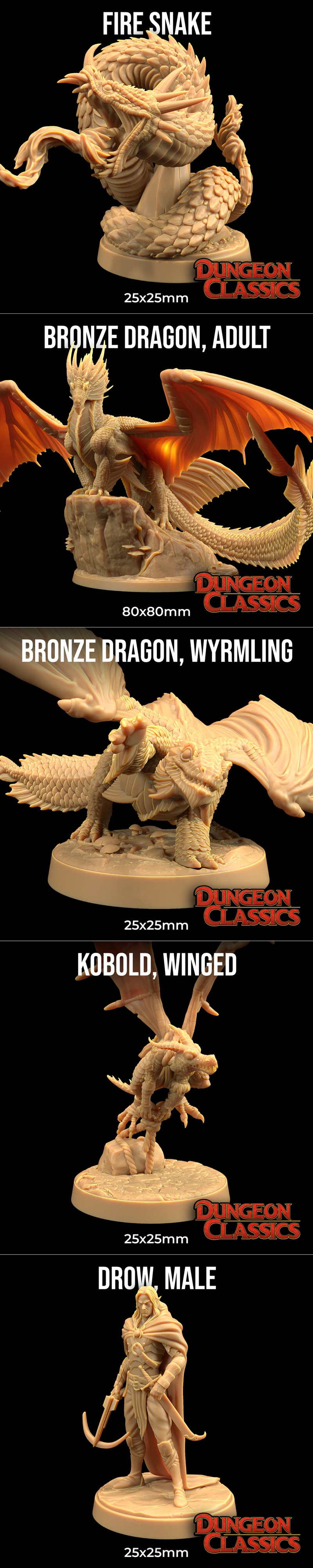 Collection of fantasy 3D printable miniatures: dragon, kobolds, blink dogs, Drow Mage Nezznar, and a female Drow with...