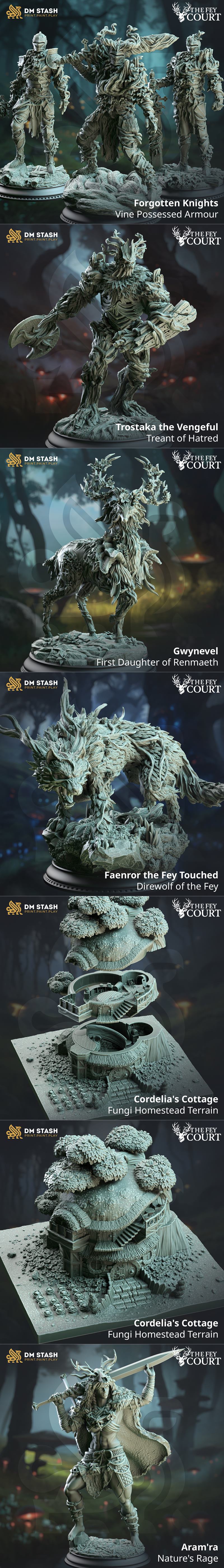 Collection of fantasy 3D printable miniatures from DM Stash's 'The Fey Court' release, featuring elves, dwarves, half...