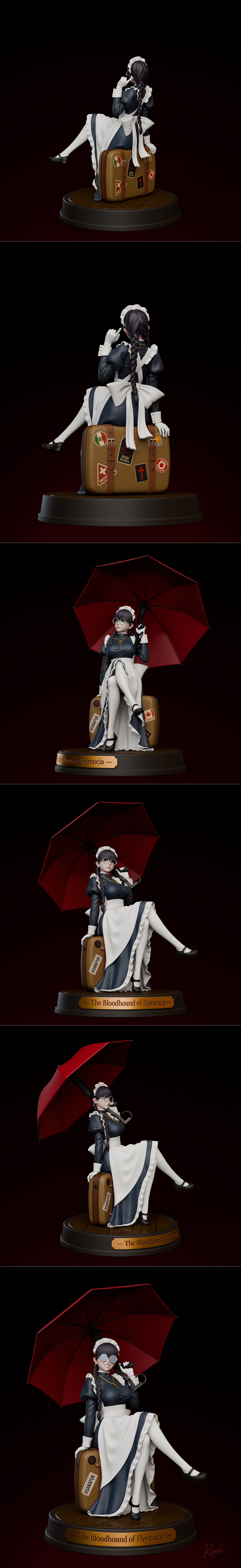 3D model of Roberta from Black Lagoon, dressed as a maid, sitting on a suitcase with a red umbrella.