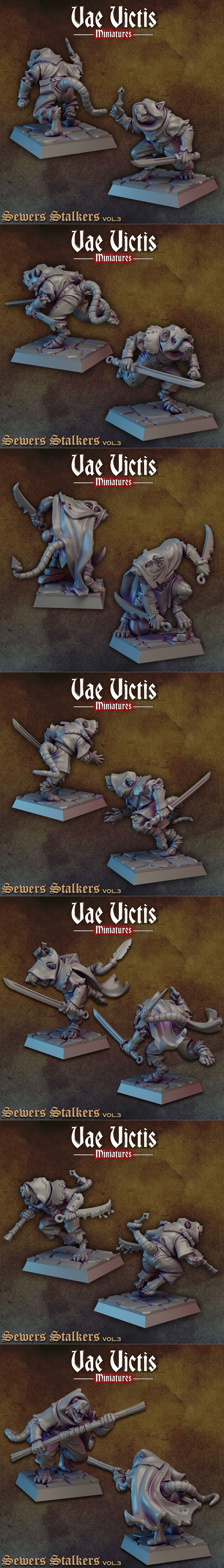 Collection of Vae Victis Miniatures "Sewers Stalkers vol.3" 3D models. Features ratfolk figures with swords...