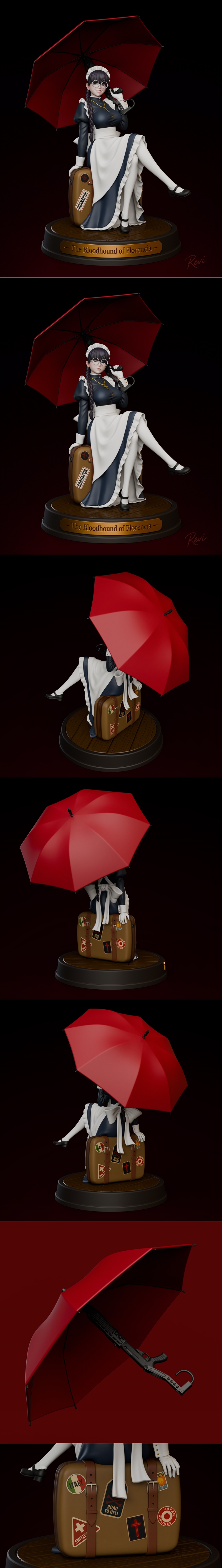 3D model of Roberta from Black Lagoon, dressed as a maid, sitting on a suitcase with a red umbrella.