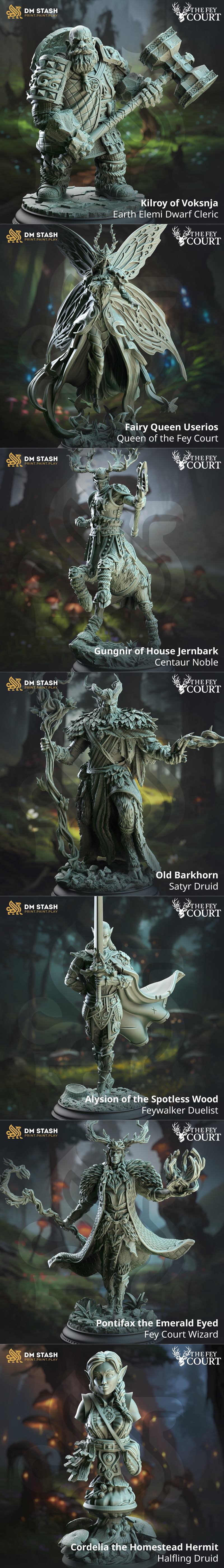 Collection of fantasy 3D printable miniatures from DM Stash's 'The Fey Court' release, featuring elves, dwarves, half...