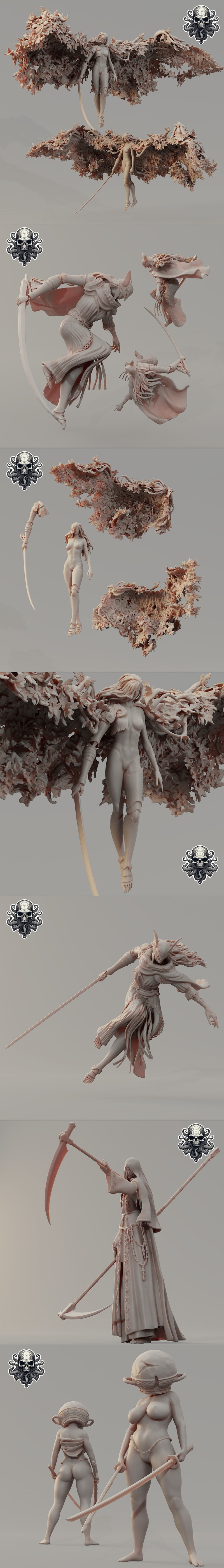 Collection of fantasy 3D printable figures: warriors with swords, figures with scythes, and a monstrous creature. Som...