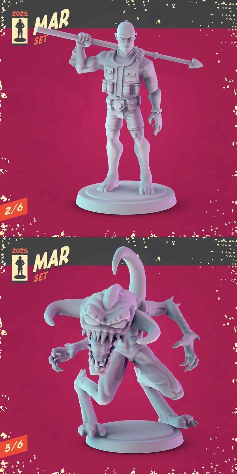 Collection of 3D printable figures: a monster, a Spawn-like character, a Hellboy-like figure with a gun, and a V for...