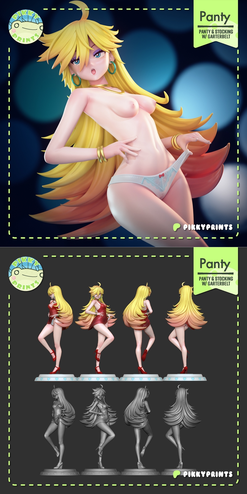 Panty Anarchy 3D model by Pikky Prints, wearing a red dress, stockings, and garterbelt, in a seductive pose on a glow...