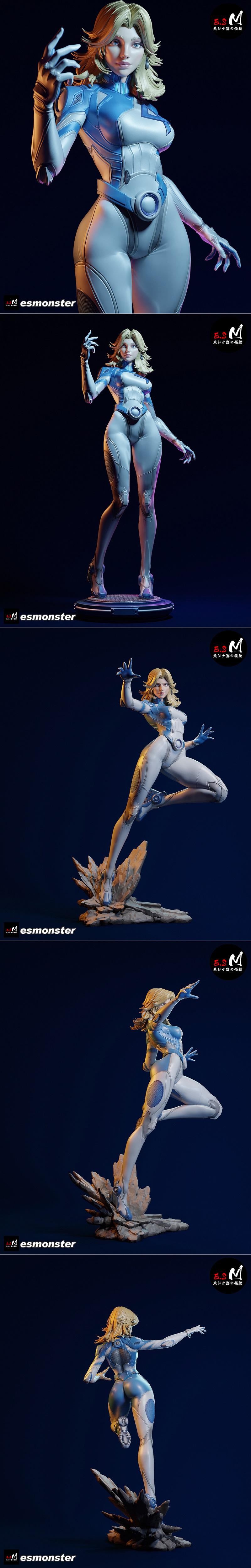 3D model figure of Invisible Woman from Fantastic Four, wearing a white and blue sci-fi suit, in a dynamic action pos...