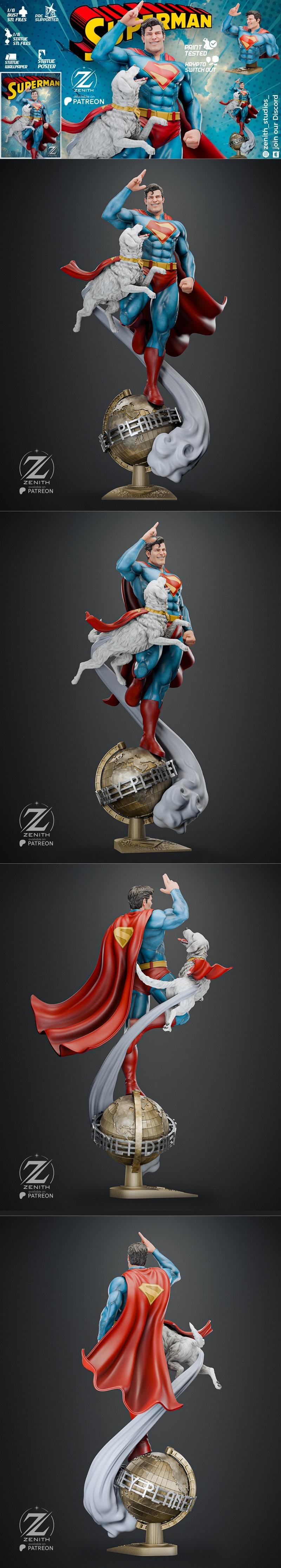 Superman in his classic blue and red costume salutes, with Krypto the Superdog by his side, both standing on a globe...