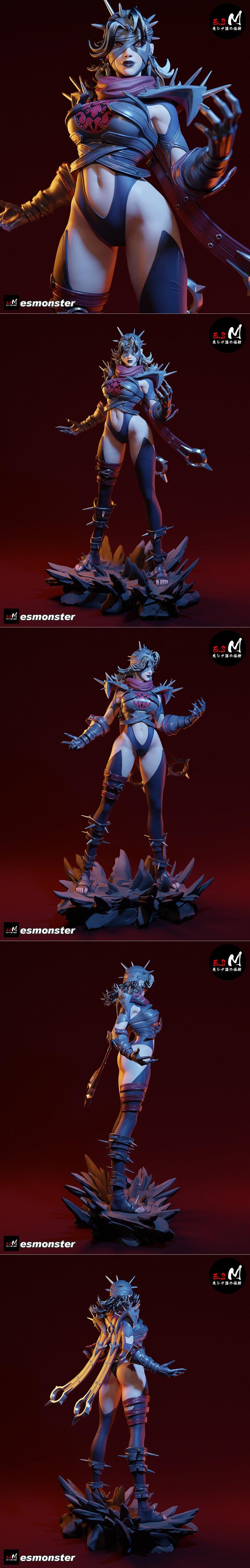 E.S Monster 3D model of Malicious Invisible Woman, a gothic anime figure with spiked armor, revealing leotard, and ba...