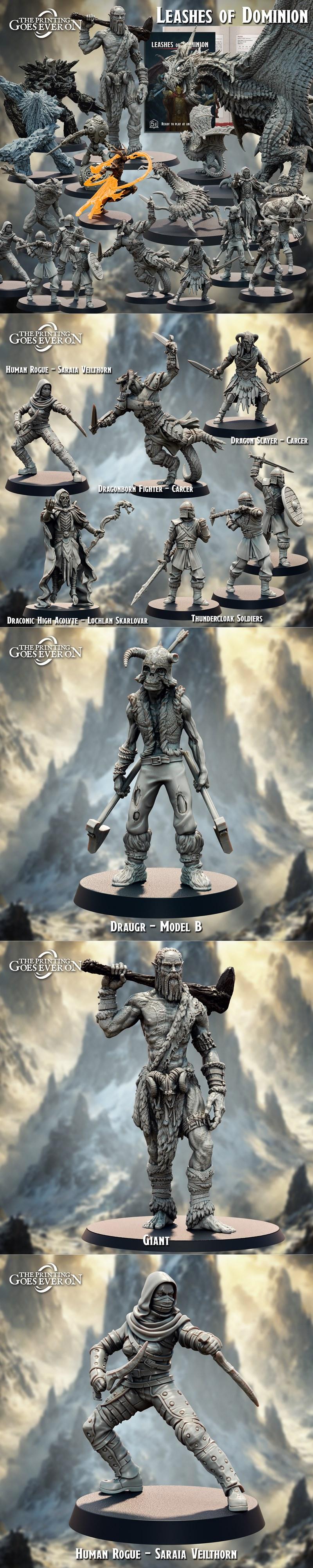 Collection of fantasy 3D printable miniatures from The Printing Goes Ever On, featuring giants, draugr, rogues, drago...