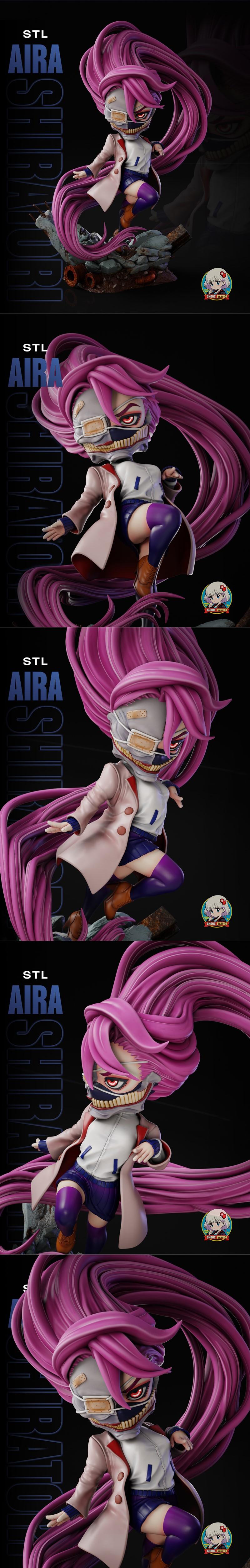Chibi Aira Shiratori 3D model with flowing pink hair, wearing a mask, jacket, shorts, and thigh-high socks, posed dyn...