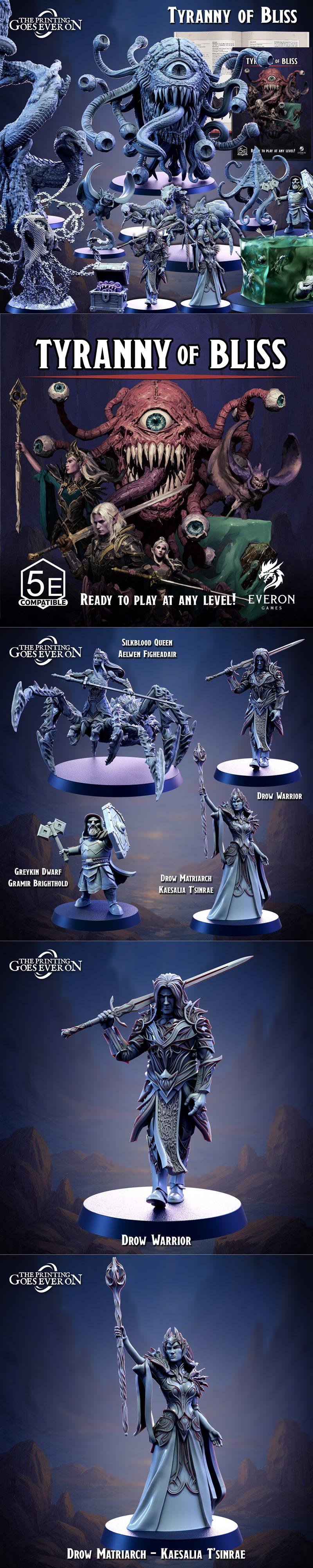 Collection of fantasy 3D printable miniatures: a Beholder, Drow Matriarch, Drow Warrior, Greykin Dwarf, and Silkblood...