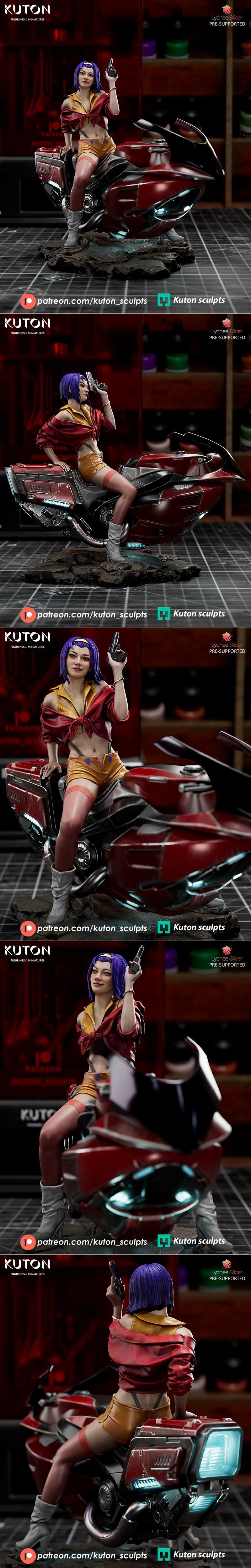 Faye Valentine from Cowboy Bebop sitting on a sci-fi motorcycle, holding a pistol. Detailed 3D model by Kuton Figurines.