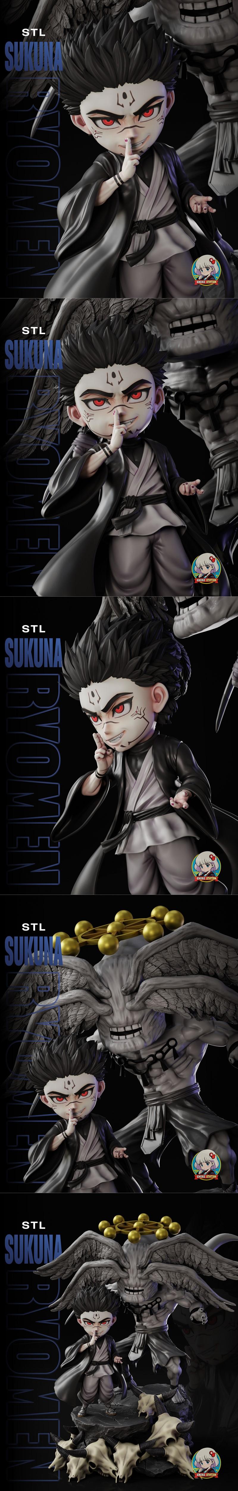 Chibi Ryomen Sukuna 3D model with red eyes and shushing gesture, standing before a large winged demon figure, on a ba...