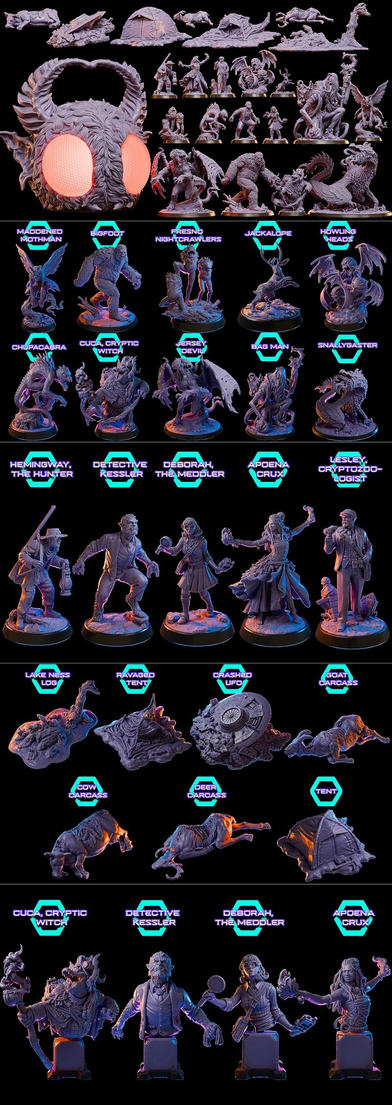 Collection of 3D printable models from Loot Studios, featuring cryptids like Bigfoot and Mothman, alongside character...
