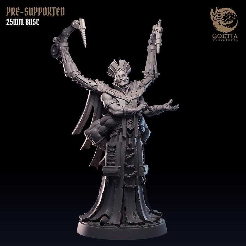 3D model of Tolvar Sansa, a Mashtian Surgeon, with mechanical arms holding a drill and surgical tools. The figure wea...