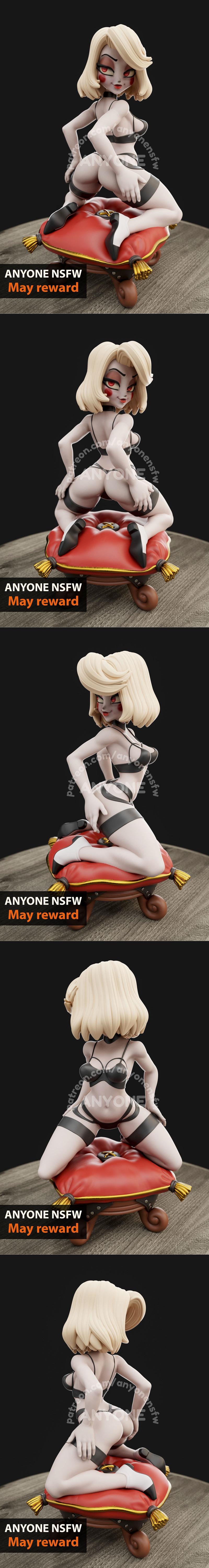 Stylized 3D model of a blonde female character named Charlie, wearing black lingerie and stockings, posed seductively...