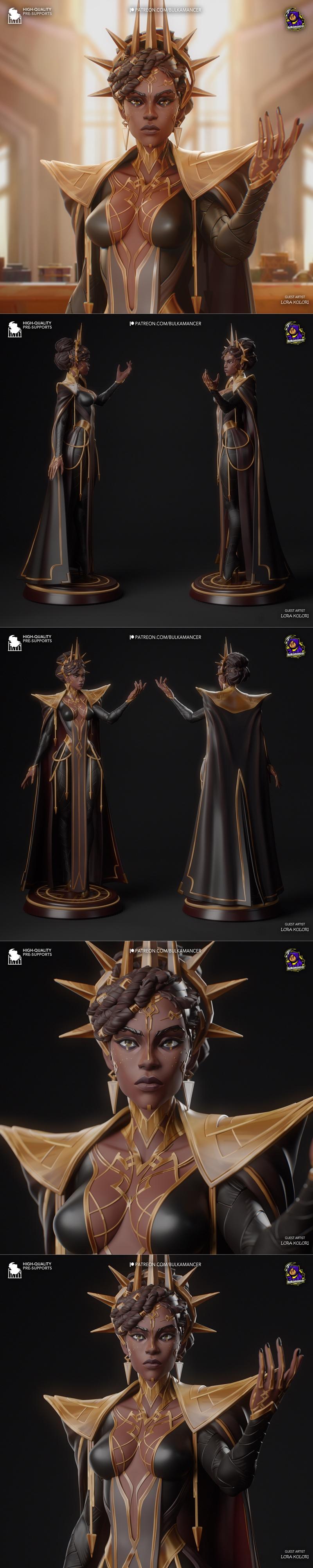 3D model of Mel Medarda by Bulkamancer Sculpts, wearing a golden crown and ornate revealing armor, with a flowing cape.