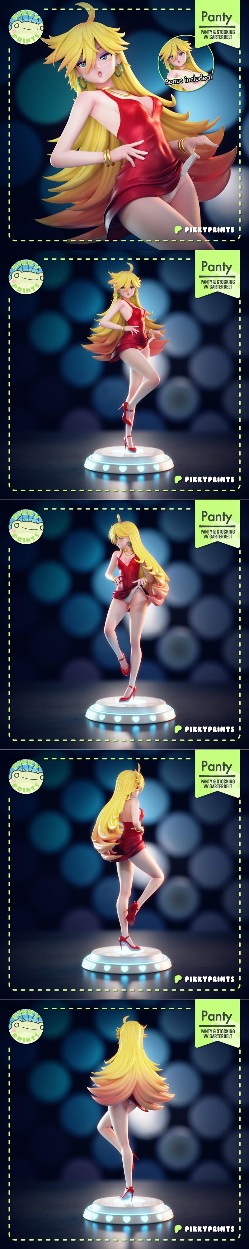 Panty Anarchy 3D model by Pikky Prints, wearing a red dress, stockings, and garterbelt, in a seductive pose on a glow...