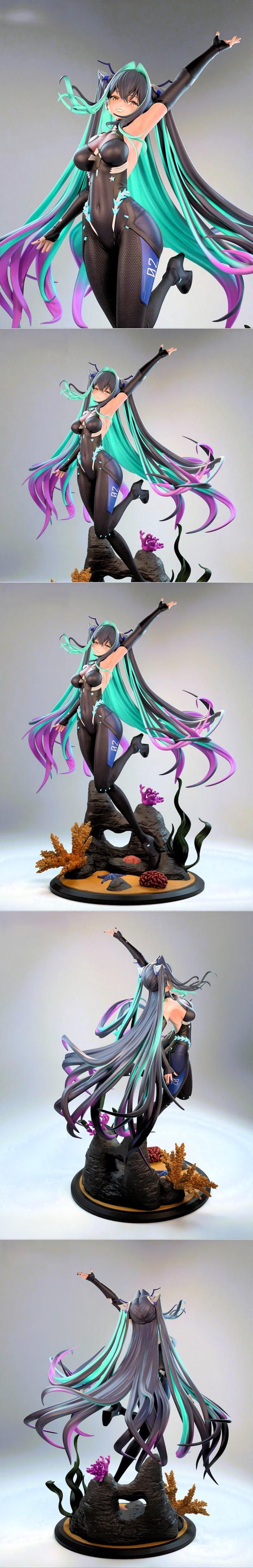 3D model figure of Little Mermaid Siren from Nikke, wearing a black bodysuit with teal and purple accents, posed dyna...