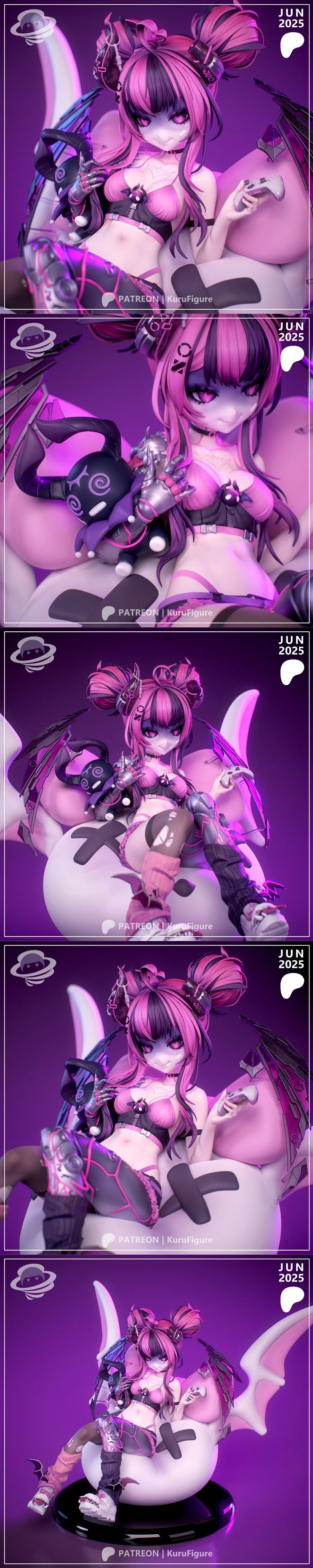Ironmouse VTuber figure with pink and black hair, demon horns, bat wings, and revealing outfit, holding a gaming cont...