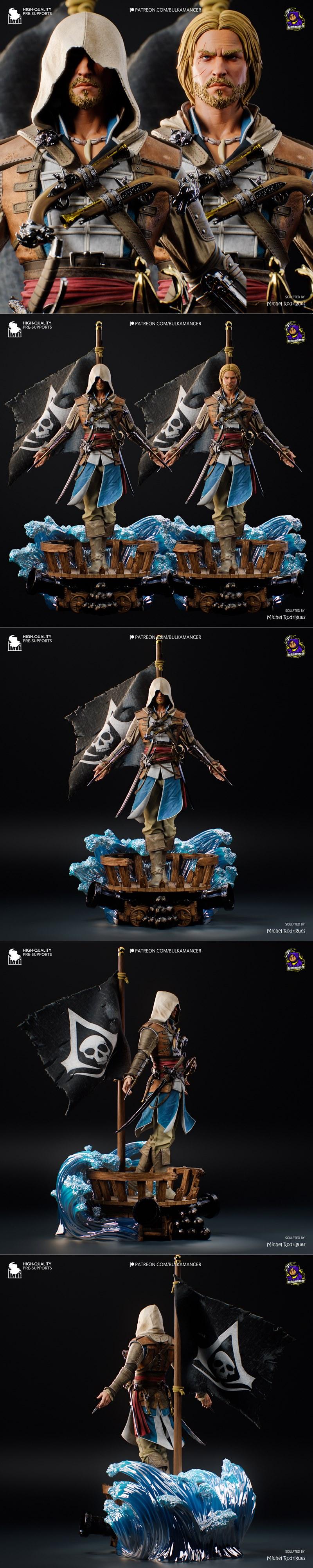 3D model of Edward Kenway from Assassin's Creed, posed on a ship deck with cannons and waves, holding cutlasses and p...