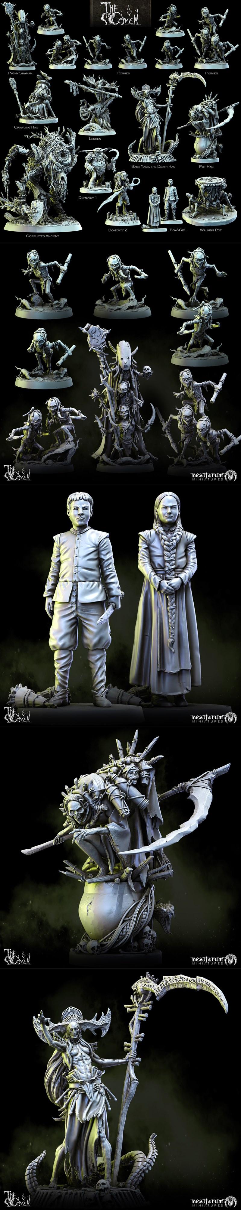 Collection of dark fantasy 3D printable miniatures from Bestiarum Miniatures, including witches, hags, and monstrous...