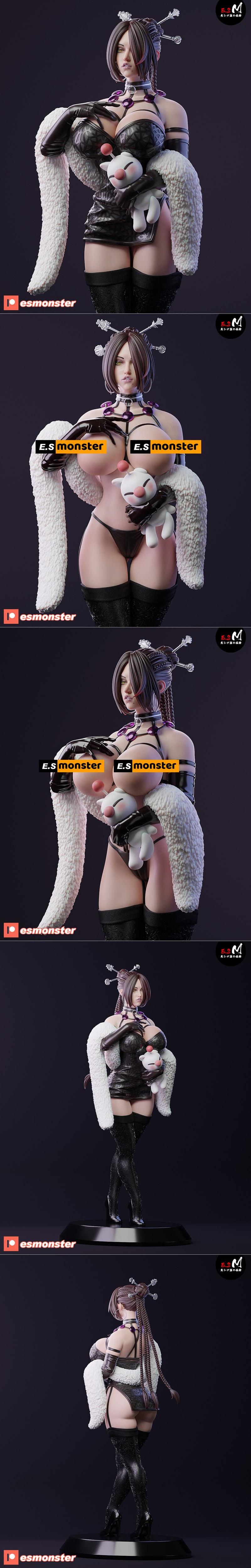 3D model of Lulu from Final Fantasy, wearing a revealing black outfit, thigh-high boots, and a white boa, holding a M...