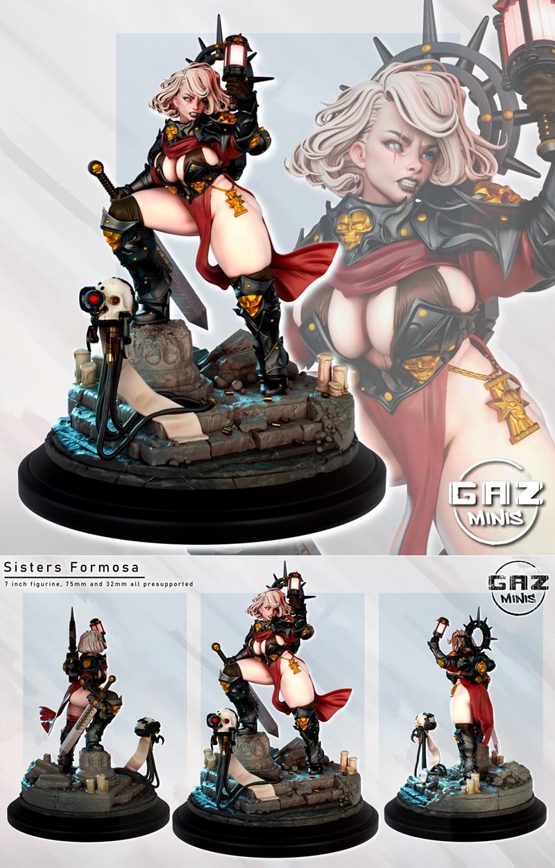Gaz Minis Sisters Formosa 3D print model: female warrior in revealing black and gold armor, holding a sword and lante...