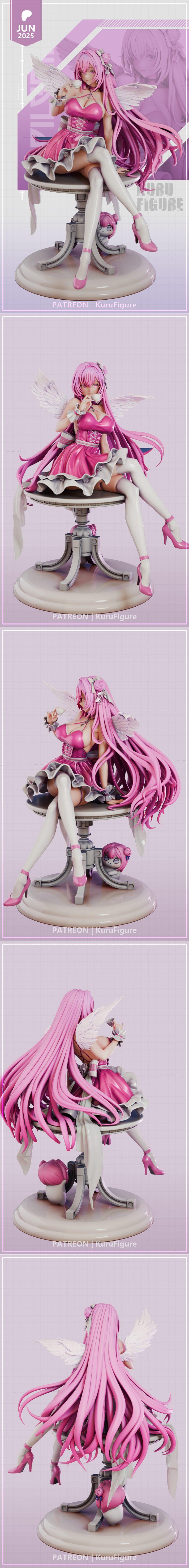 3D model figure of Dorothy from NIKKE, seated with a teacup, wearing a pink dress, white stockings, and pink heels, w...