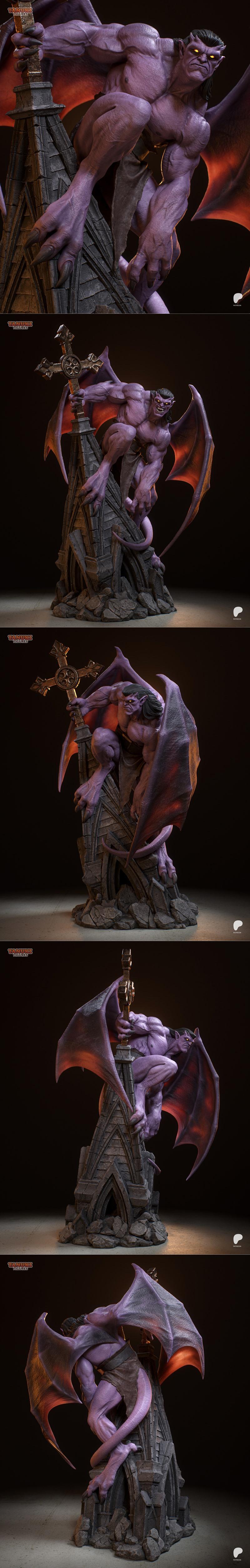 3D model of Goliath from Gargoyles, a purple gargoyle with large wings, crouching on a gothic stone base, holding a s...