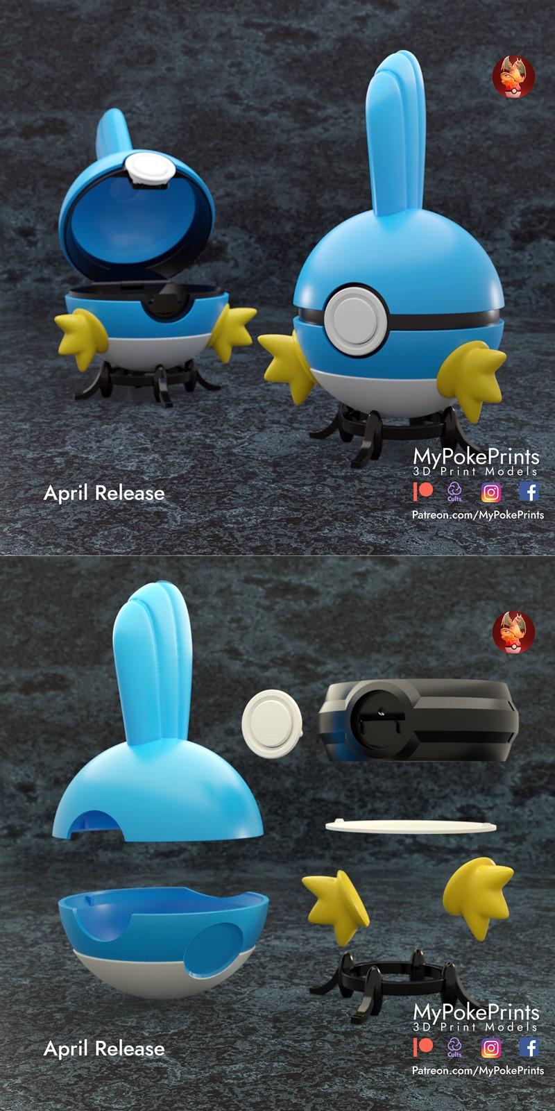 Mudkip character integrated into a Pokeball, shown assembled and disassembled. Model by MyPokePrints.