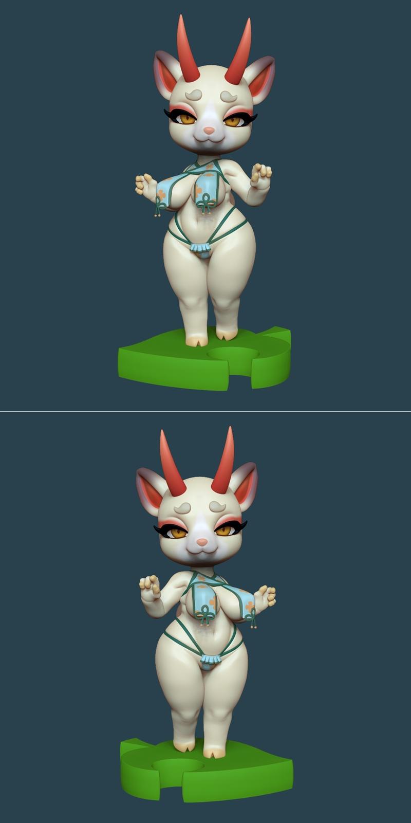 Chibi-style deer character with red horns and yellow eyes, wearing a blue floral bikini, standing on a green base.