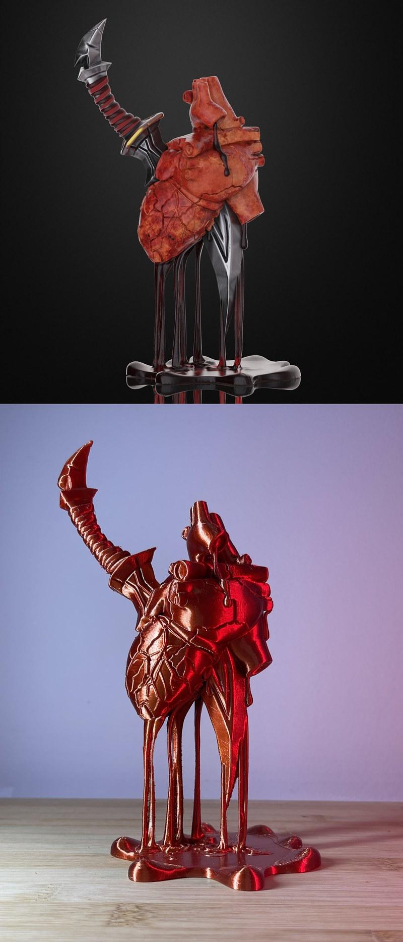 3D model of an anatomical heart impaled by a sword, with dark liquid dripping from the heart onto a base. Gothic and...