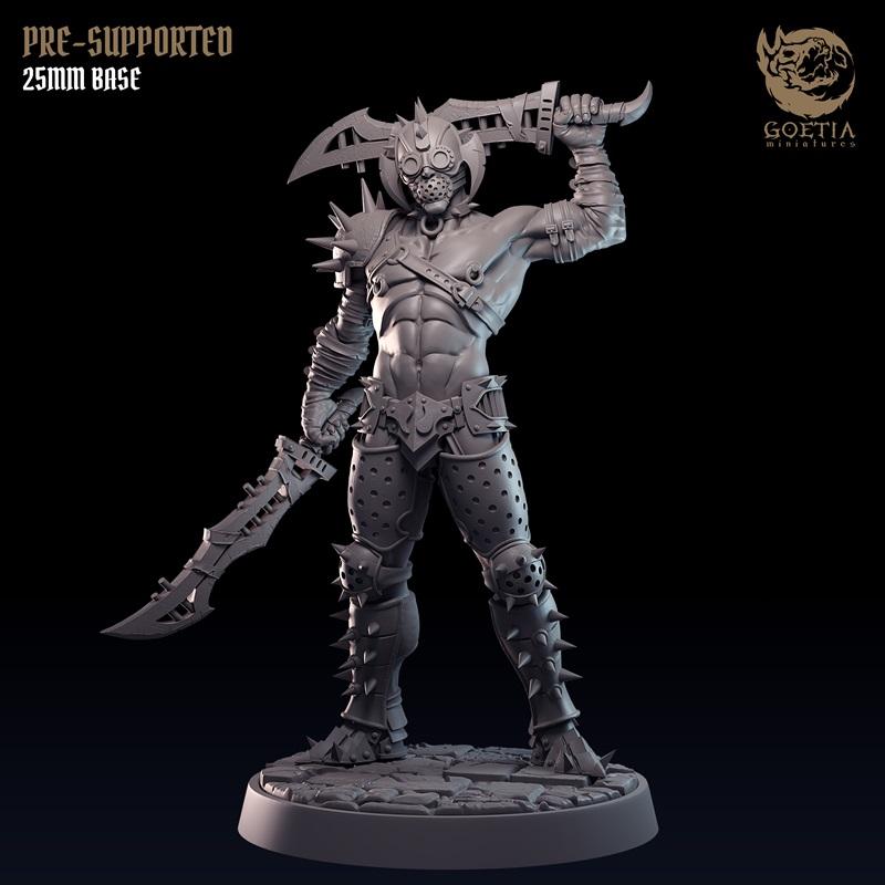 Muscular male warrior figure with spiked armor, skull mask, and goggles, holding two jagged swords. From Goetia Minia...