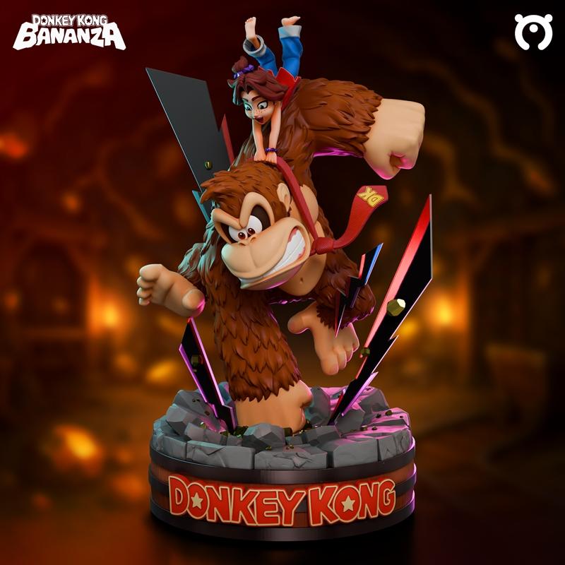Donkey Kong figure with a girl on his shoulders, dynamic pose, rocky base with "Donkey Kong" logo, action-i...