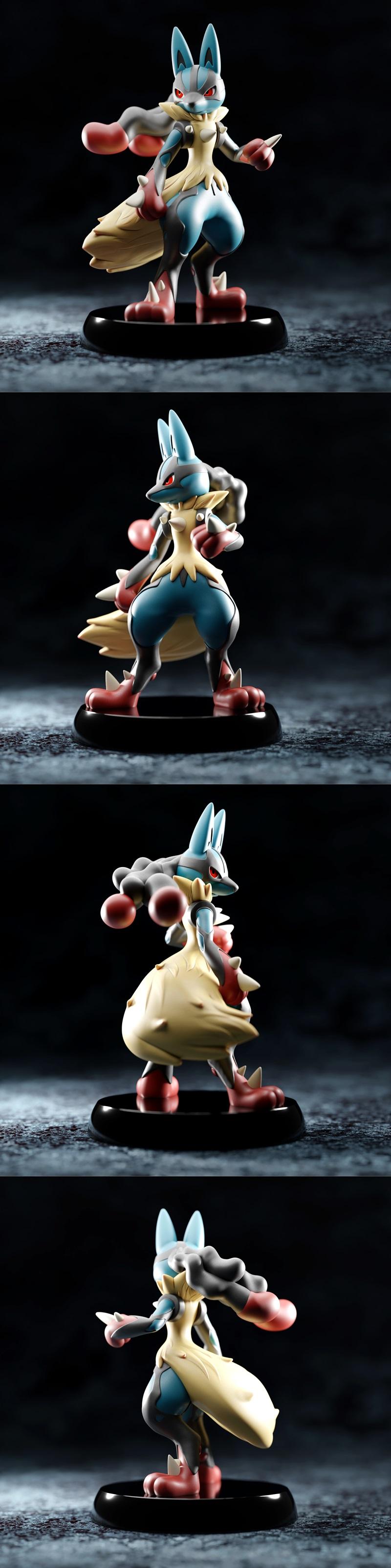 3D model of Mega Lucario in a fighting stance, featuring blue, grey, red, and yellow coloration, standing on a black...
