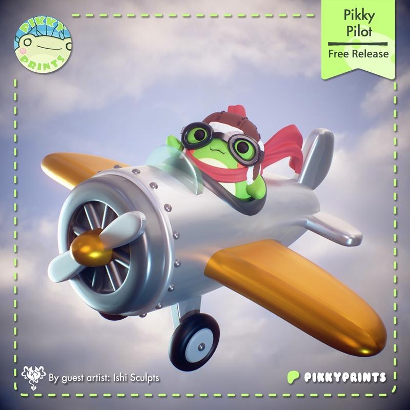 Frog pilot wearing goggles and a red scarf, flying a silver and gold airplane against a cloudy sky.