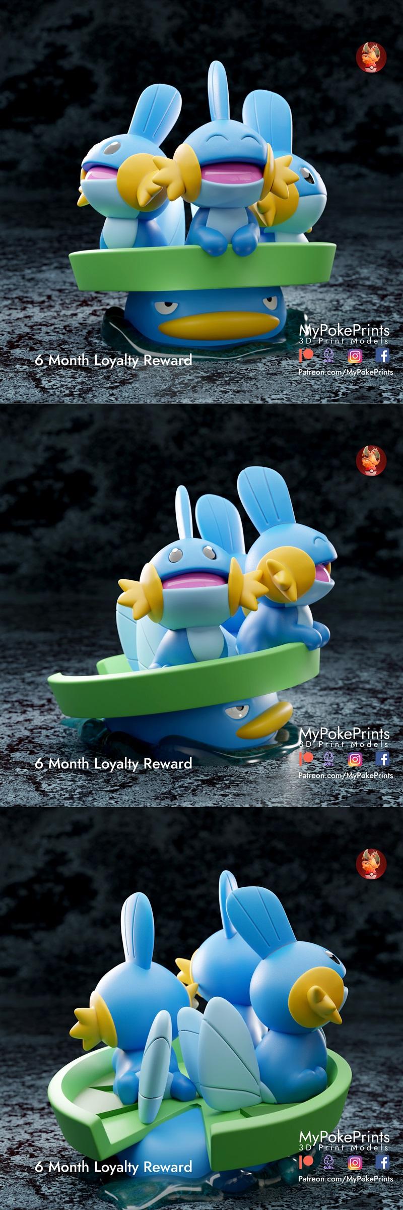 Three Mudkips and one Lotad 3D model figures arranged in a green boat. MyPokePrints studio.