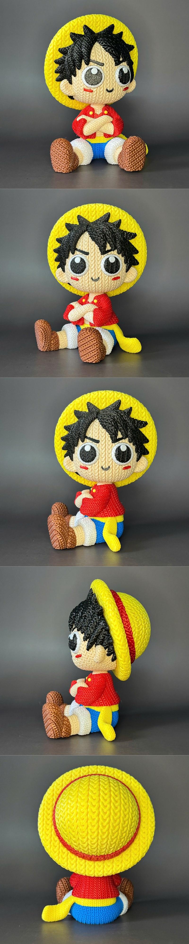 Chibi 3D model of Monkey D. Luffy from One Piece, designed to look like a knitted figure. He wears his signature stra...