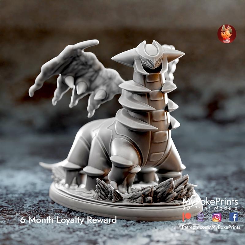 3D print model of Giratina from Pokemon, featuring its dragon-like body, spectral wings, and head crest, standing on...