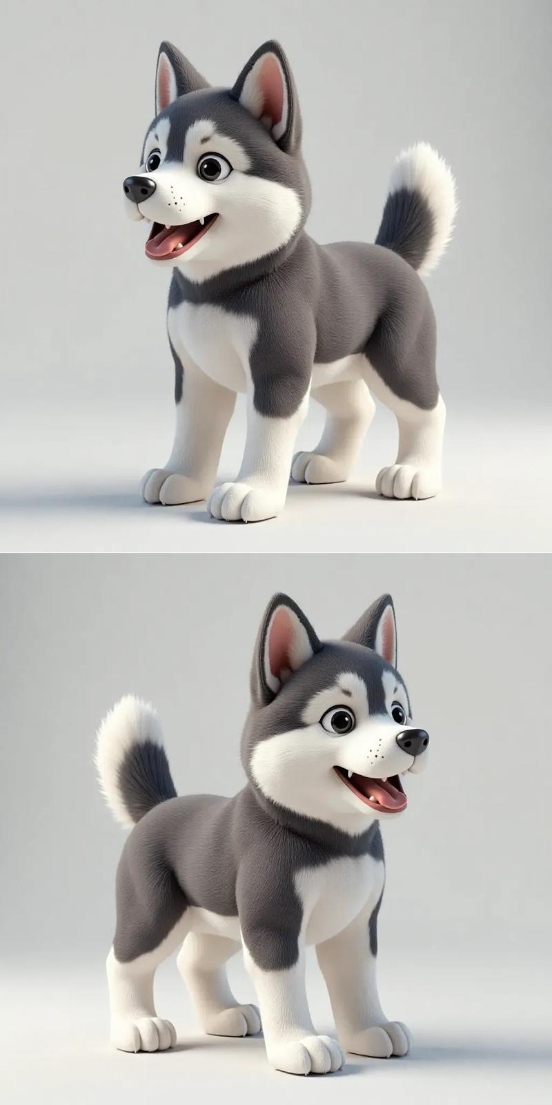 Cartoon Husky Dog 3D model figure, grey and white fur, fluffy tail, standing with mouth open and tongue out.