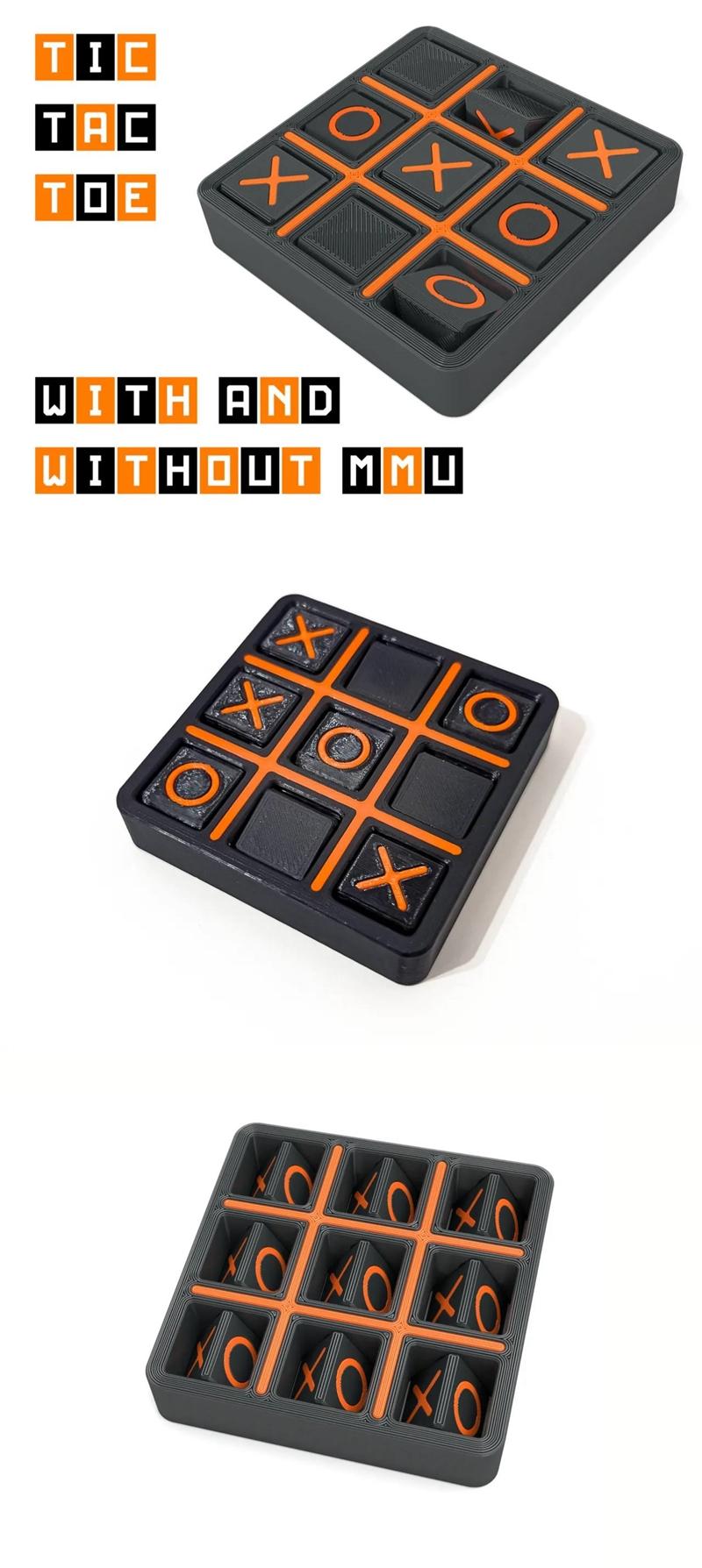 3D printed Tic Tac Toe game board with integrated storage for X and O pieces. The board and pieces are dark gray with...