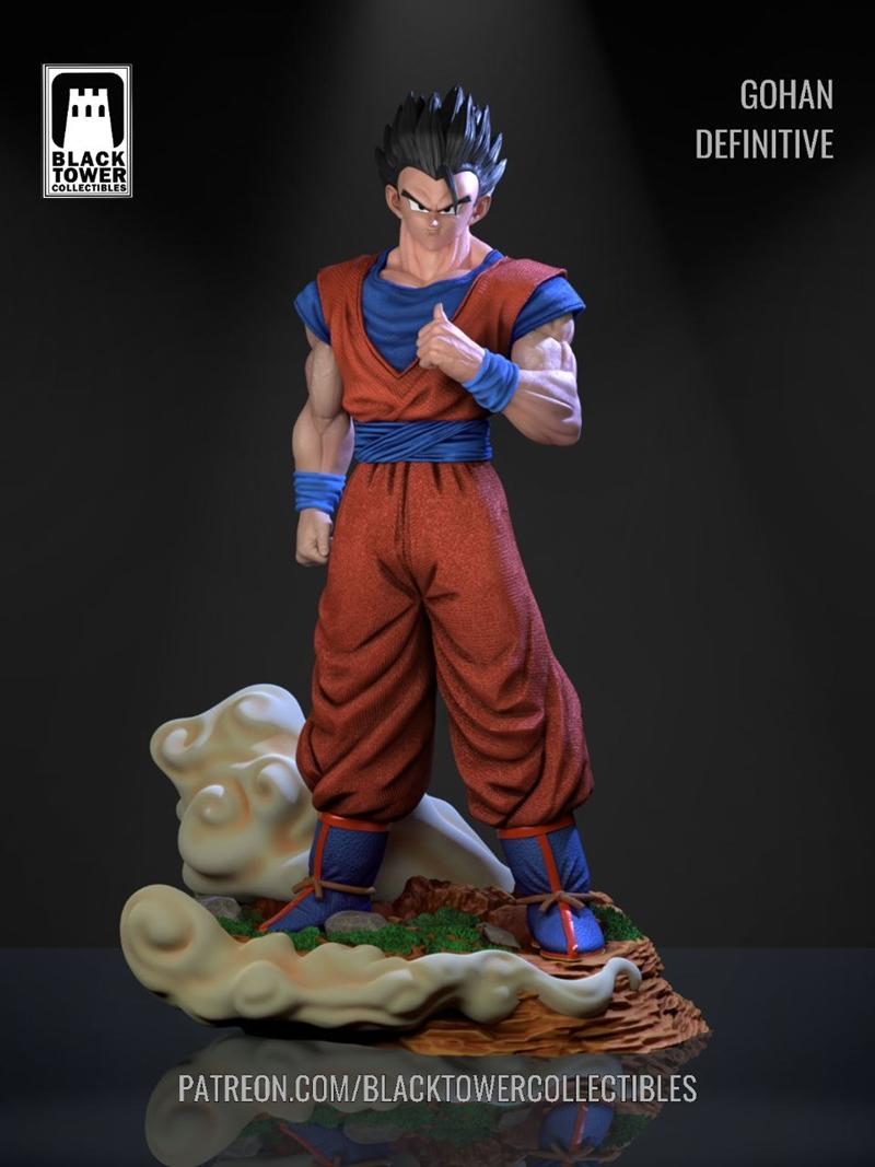 Gohan figure in orange gi and blue undershirt, standing on a cloud and rock base. Black Tower Collectibles logo visible.