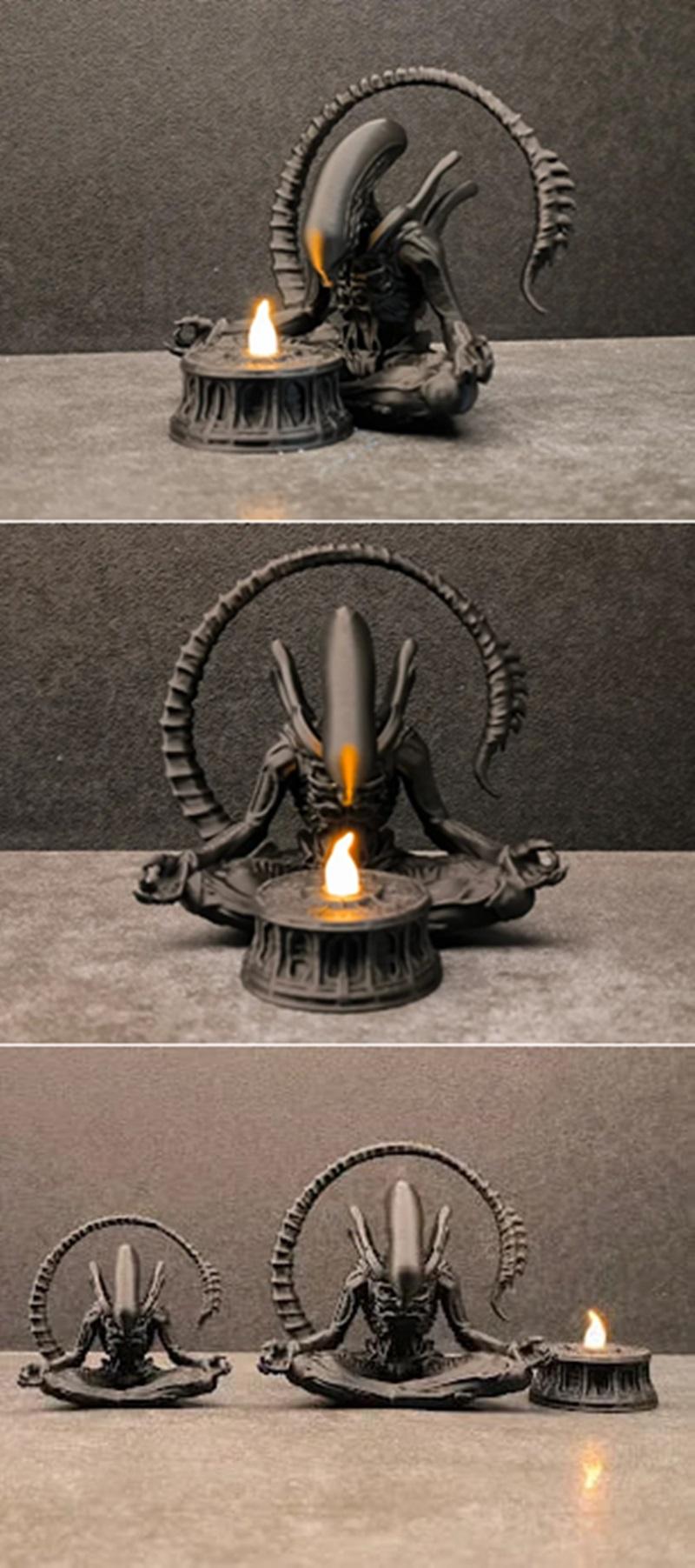 Zenomorph Xenomorph figure in a meditative pose, holding a candle. The creature has a biomechanical design with a seg...