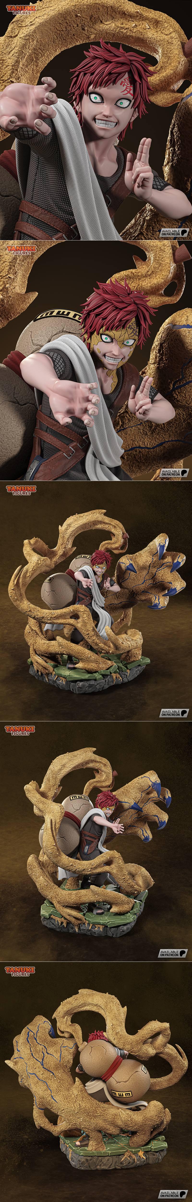 Gaara 3D model figure from Naruto, surrounded by swirling sand, with his gourd on his back, Tanuki Figures.