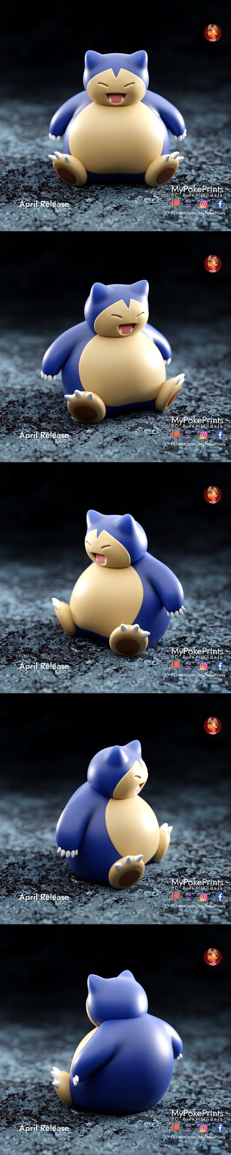 3D model of Snorlax from Pokemon, seated with eyes closed and mouth open, on a textured surface.
