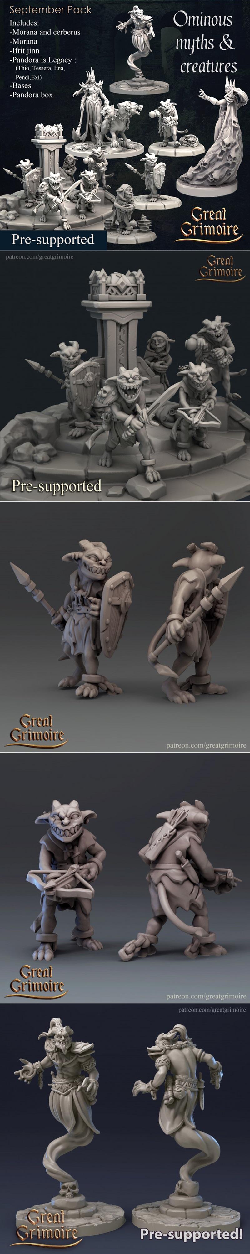 Collection of fantasy 3D printable models: a jinn, a cerberus, goblins with weapons, and a Pandora's box, from Great...